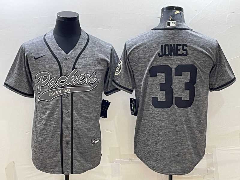 Men%27s Green Bay Packers #33 Aaron Jones Grey Gridiron With Patch Cool Base Stitched Baseball Jersey